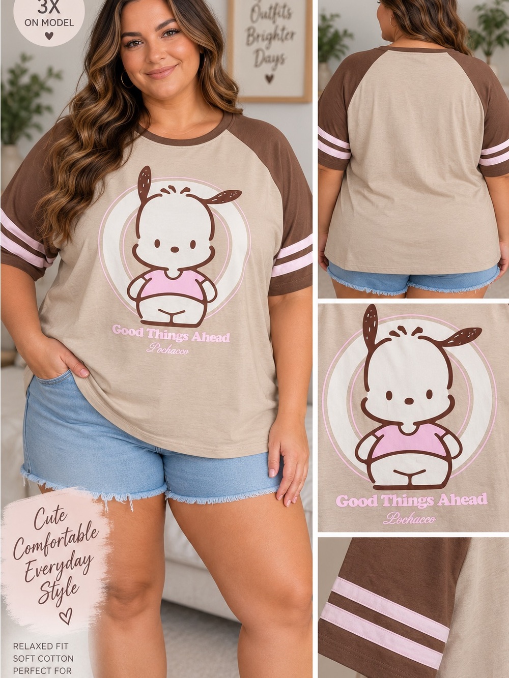 Hello Kitty Beige & Brown Raglan Tee with Pink Graphic